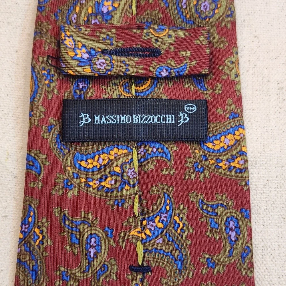 Massimo Bizzocchi Men's Silk Tie Burgundy Red Blue Yellow Paisley Pattern Italy